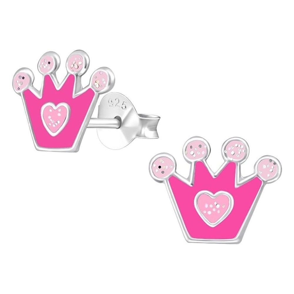 NWB Monkimau 925 Silver/Pink Crown Princess Girls' Stud Earrings